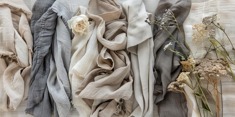 Textured linens and dried flowers flat lay