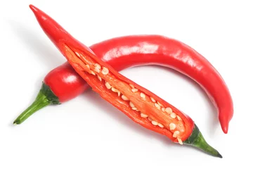 Fensteraufkleber Half sliced red hot chili pepper isolated on white background clipping path © dwiangga