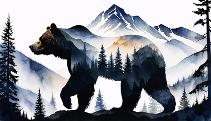 Double exposure of bear and wildlife - obrazy, fototapety, plakaty