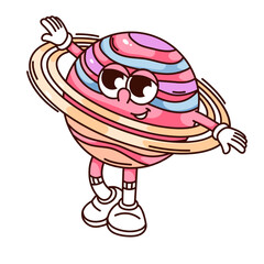 Groovy Saturn planet cartoon character with rotating rings. Funny retro happy globe with curvy lines pattern and smile, astronomy mascot, cartoon planet sticker of 70s 80s style vector illustration