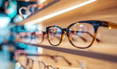 Eyeglasses on a shelf in eyeglasses store