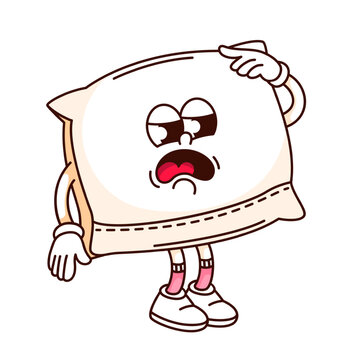 recommend clip art: Groovy tired pillow cartoon character yawning. Funny retro lazy cushion with fatigue, insomnia and sleep problem mascot, cartoon pillow for sleeping sticker of 70s 80s style vector illustration
