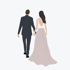 Fototapeta na wymiar Wedding couple. Bride in wedding dress, just married couple and marriage ceremony vector illustration. Bride and groom Faceless portrait