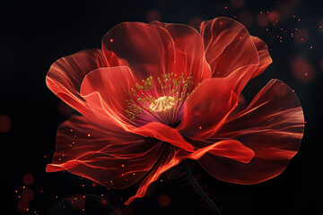 Glowing Red Poppy on a Magical Night. Radiant Red Bloom with Sparkling Particles on Black