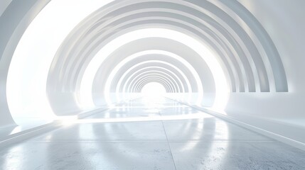 A futuristic white tunnel leading towards light, rendered in 3D, representing innovation, progress, and a pathway to the future
