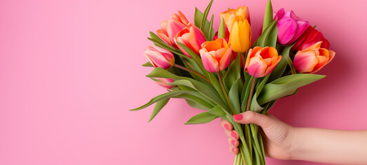 Vibrant Tulip Bouquet in Female Hand Against Pink Background