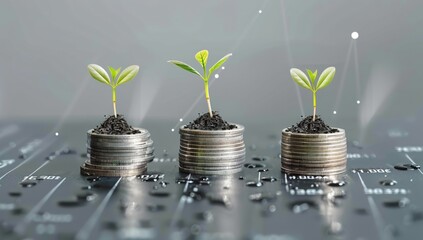 Three stacks of coins with sprouting plants on top, representing growth and progress in financial succes