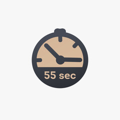 55 second timer clock. 55 sec stopwatch icon countdown time stop chronometer. Stock vector illustration isolated on white background.