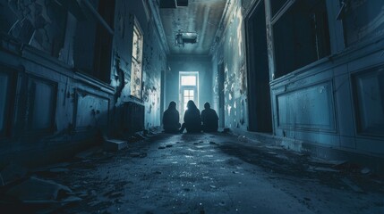 A haunting scene of individuals seated at the end of a dimly lit hallway within an abandoned building, creating an atmosphere of suspense and mystery