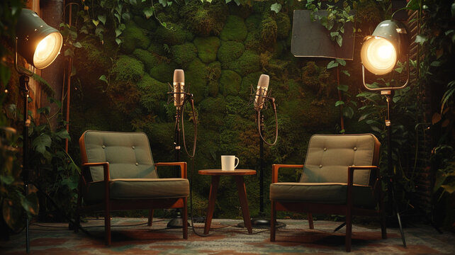 A rustic podcast setup with two olive green canvas chairs and retro microphones, set against a dark moss background. 