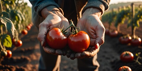 Hands with tomatoes against field. Harvesting vegetables - 763564319