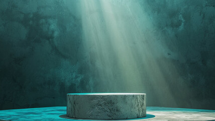 A simple, concrete podium pedestal on a raw platform, lit by bright, teal spotlights. The...