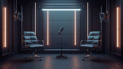 A sleek, modern podcast setup with two metallic silver chairs and professional microphones, set against a dark grey background. 