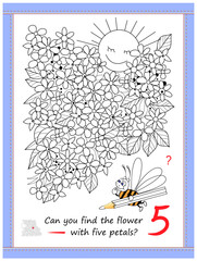 Educational page for little children. Can you find the flower with 5 petals? Coloring book. I spy puzzle. Printable worksheet for kids. Developing counting and drawing skills. Vector cartoon image.