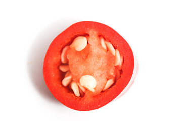 Close-up sliced red hot chili pepper top view isolated on white background clipping path