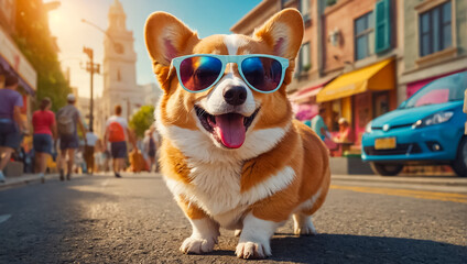 cute dog wearing sunglasses outdoors - obrazy, fototapety, plakaty