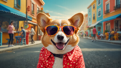 fun  dog wearing sunglasses outdoors - obrazy, fototapety, plakaty