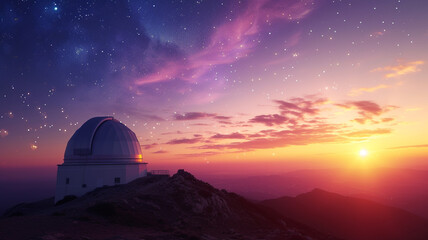 A sunset time lapse over a high-altitude observatory, with the dome silhouetted against the rapidly changing colors of the twilight sky, symbolizing the intersection of earth and cosmos. - obrazy, fototapety, plakaty