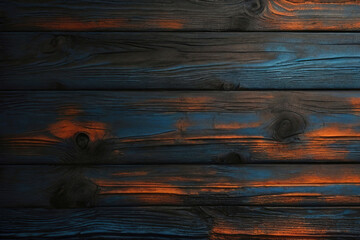 Fototapeta premium Black and Blue and Orange Dark Dirty wood wall wooden plank board texture background with grains and structures