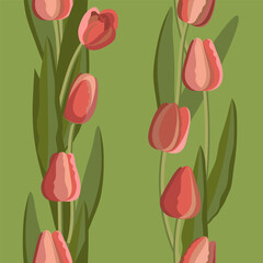 Obraz premium Vintage tulip seamless pattern of bright flowers and leaves. Tulip plant. Hand-drawn spring pink flowers. Beautiful flat colorful seamless pattern on a green backdrop. Floral Vector illustration.
