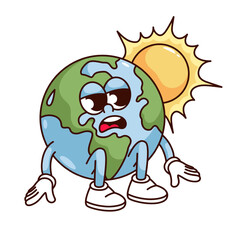 Groovy planet Earth cartoon character under hot sun. Funny retro tired sick planet suffering from hot temperature, heat and sunstroke mascot, cartoon sticker of 70s 80s style vector illustration