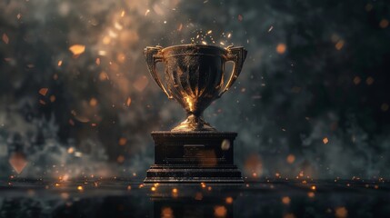 A trophy displayed in a low-key setting with abstract shiny lights, evoking a sense of accomplishment and prestige - obrazy, fototapety, plakaty