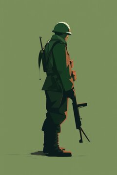 A soldier is standing in front of a green background with a rifle in his hand