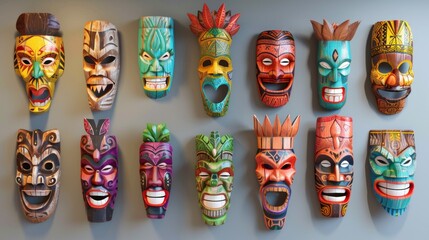 A bunch of colorful wooden masks hanging on a wall - obrazy, fototapety, plakaty