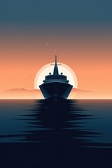 Obraz premium A large ship is sailing on the ocean with a sunset in the background