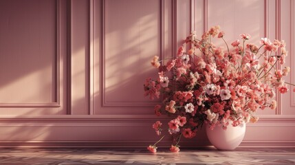 A vase filled with pink flowers sitting on top of a wooden floor