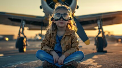 A little girl sitting on the ground in front of an airplane