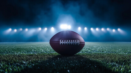 An image of a football under the bright floodlights of a night game, with the intense white light creating dramatic shadows on a dark navy background.