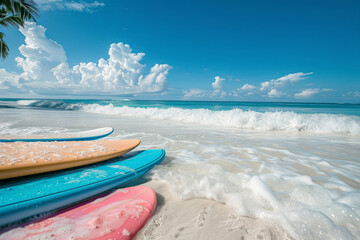 Obraz premium Tropical Beach and Colorful Surfboards