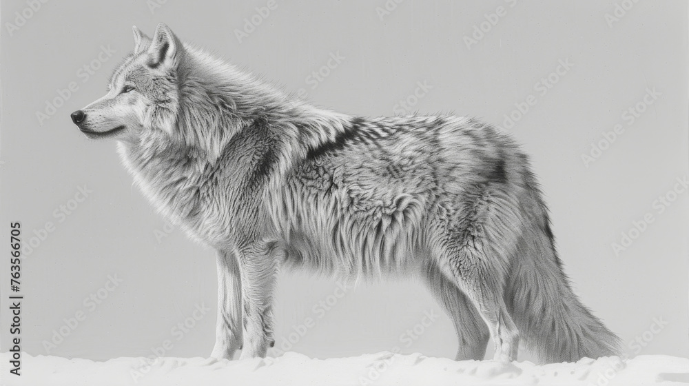 Wall mural  a black and white photo of a wolf standing on a snow covered hill with its head turned to the side.