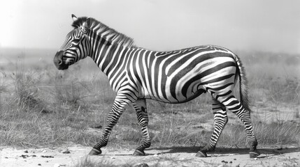 Fototapeta na wymiar a black and white photo of a zebra standing in a field of dry grass and grass with a sky in the background.