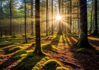 A forest with sunlight shining through the trees. The sun is in the sky and the trees are green