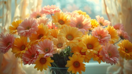  a bouquet of yellow and pink flowers in a vase on a window sill in front of a curtained window.