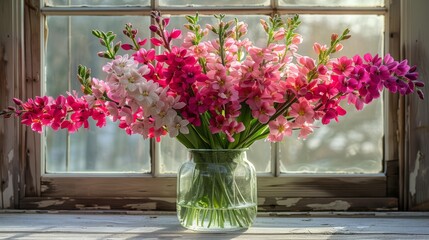  a vase filled with pink and white flowers sitting on a window sill in front of a window sill.