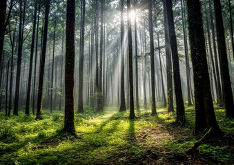 A forest with trees and sunlight shining through the leaves. The light is creating a peaceful and serene atmosphere, making it a perfect place to escape the hustle