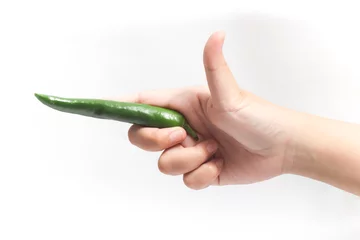 Foto auf Acrylglas Hand holding three green hot chili pepper with thumb finger gun photo concept isolated on white background clipping path © dwiangga