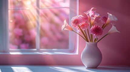  a white vase filled with pink flowers in front of a window with a bright light coming through the window pane.