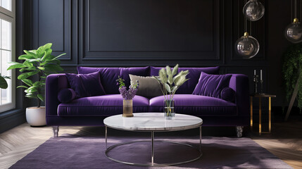 Sofá roxo em uma sala de estar moderna - Decoração de ambiente 