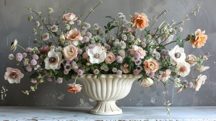  a vase filled with lots of flowers sitting on top of a white counter top covered in lots of pink and white flowers.