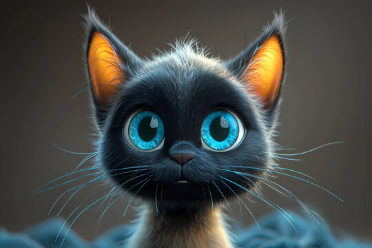 Siamese cat in 3D cartoon style, captivates with its charmingly exaggerated features, including endearingly oversized and bright eyes that radiate an irresistibly cute and playful allure