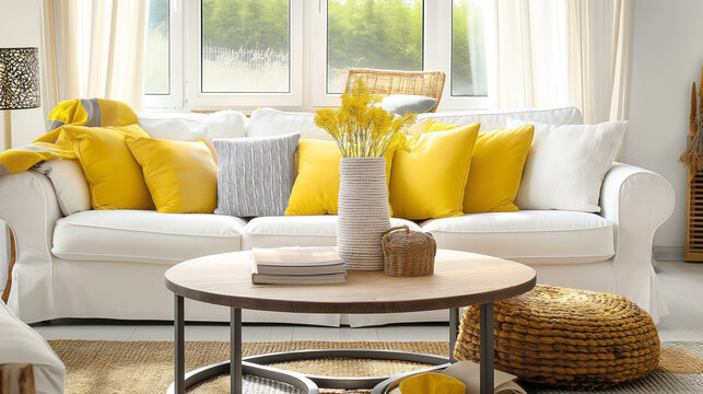 Sofá branco com almofada amarela em uma sala de estar moderna de luxo