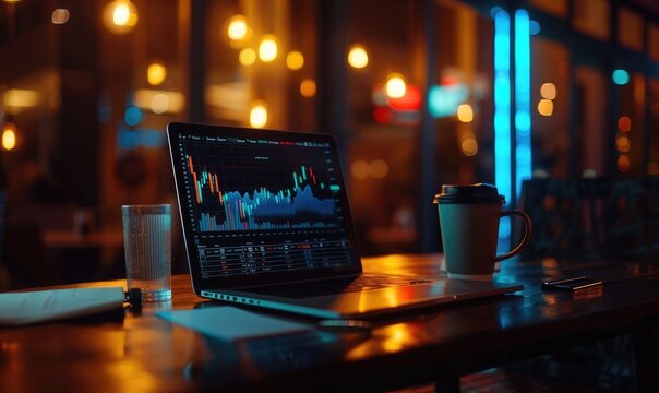 A laptop on the table with stock trading charts on the screen and a cup of coffee nearby