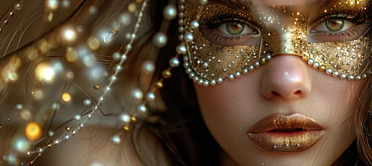Fotobehang Beautiful Woman with a Golden Antique Eye Mask. Abstract background with Copy Space. © Mladen