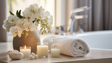 Fototapeta na wymiar Serene Bathroom with Orchids and Candles