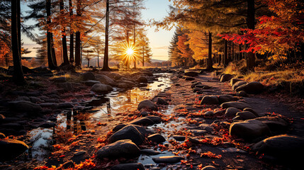 A beautiful autumn day with a sun shining through the trees. The sun is reflected in the water and the leaves on the ground