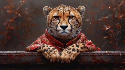  a painting of a cheetah wearing a red scarf and sitting on top of a wooden bench in the rain. - obrazy, fototapety, plakaty